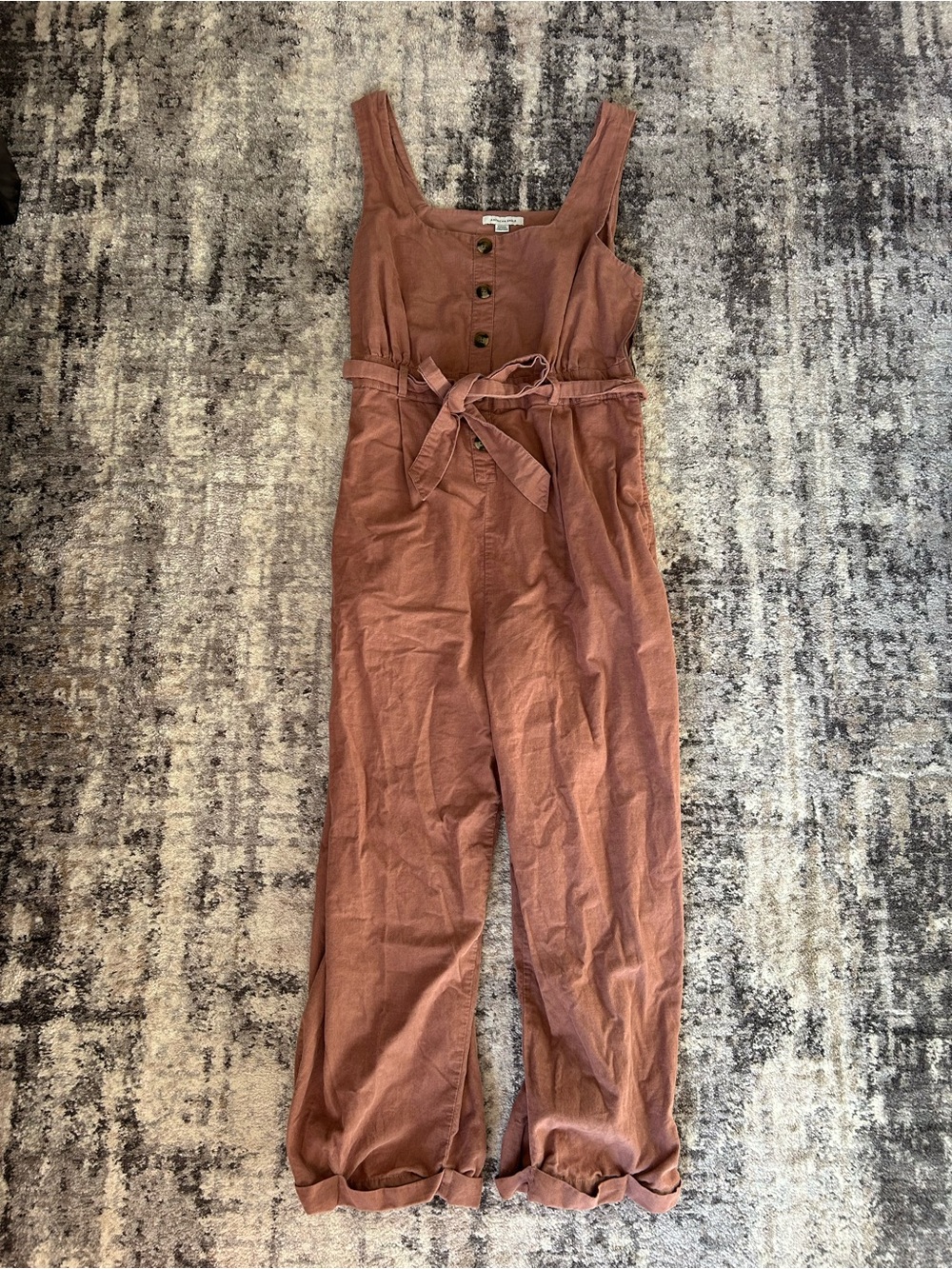 American Eagle Outfitters Rust-Toned Sleeveless Button Jumpsuit with Waist tie